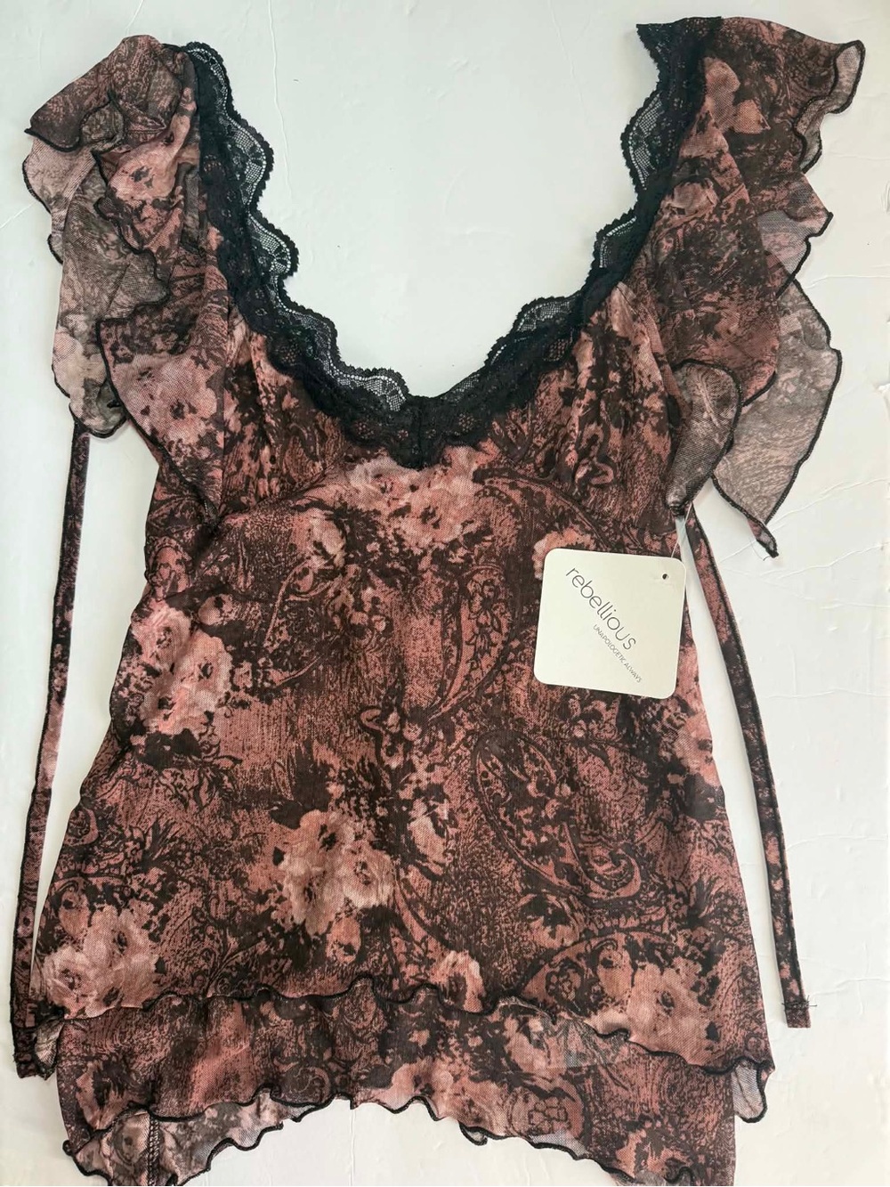 Rebellious Brown Black Floral Paisley Mesh Ruffle Top - Size S - Y2K - NWT